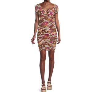 Madden NYC Mesh Floral Ruched Mini Dress
